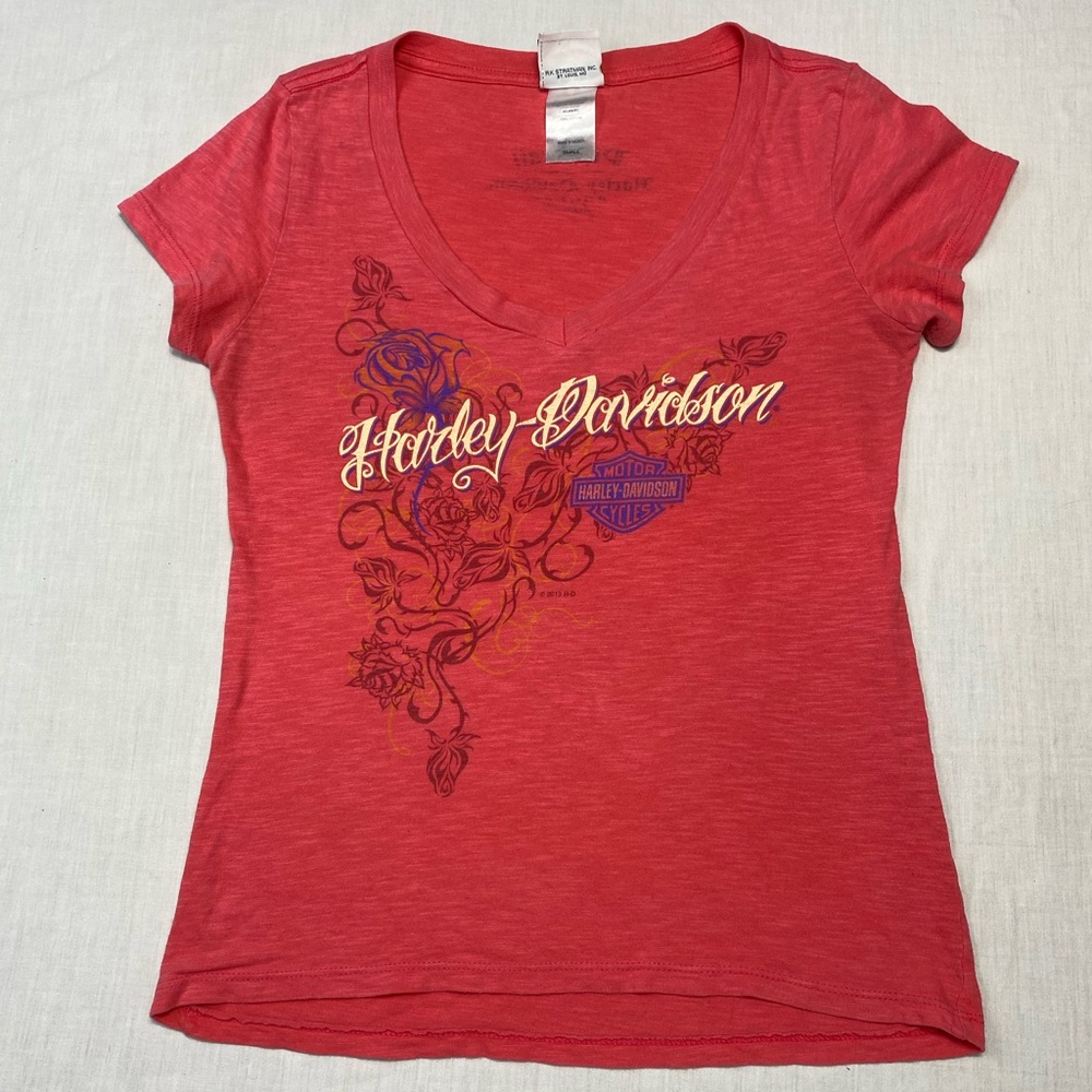 Harley Davidson Women’s Coral Rose Floral Graphic Tee Size S Y2K